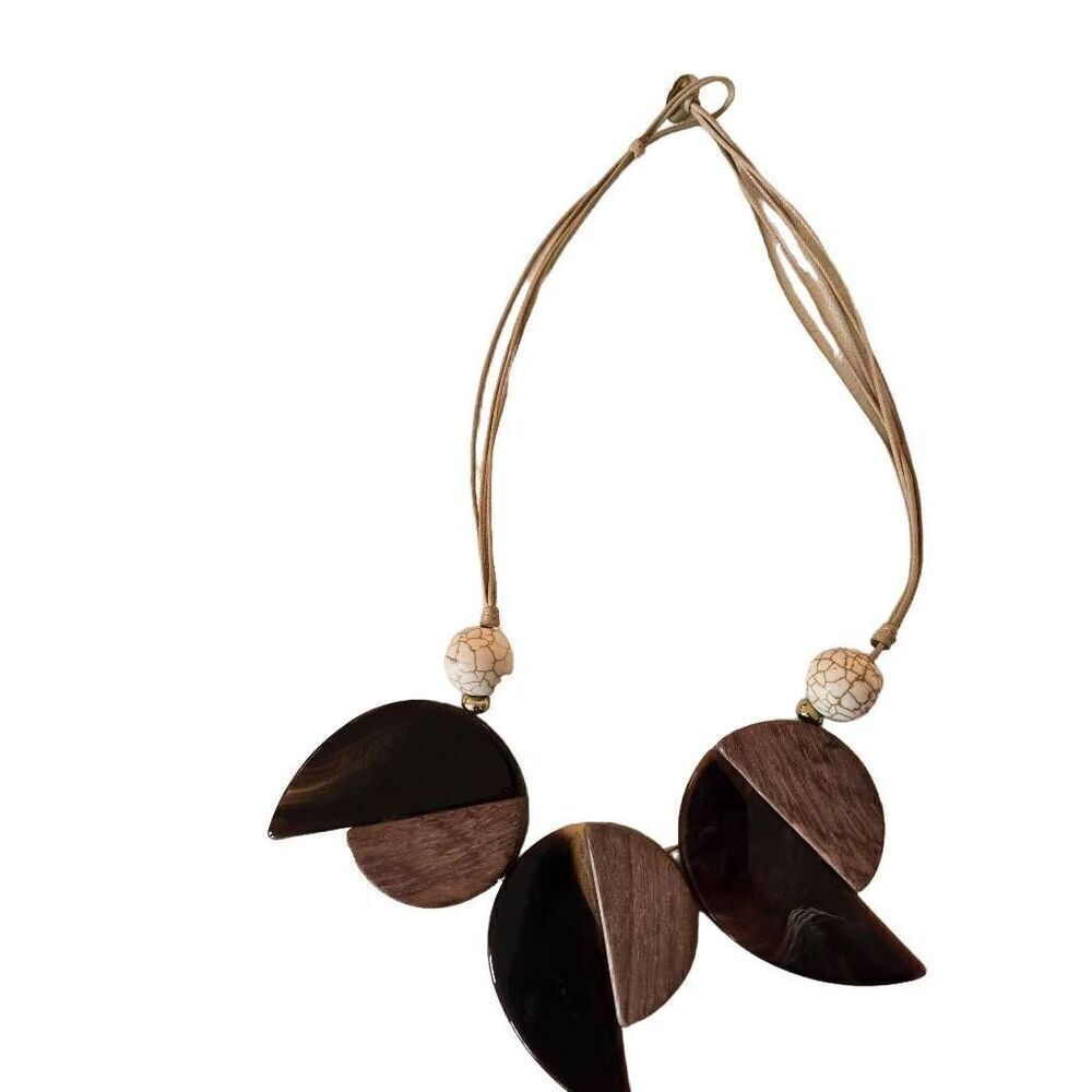 Multi-strand Cord Triple Geometric Pendant Reversible Necklace Brown